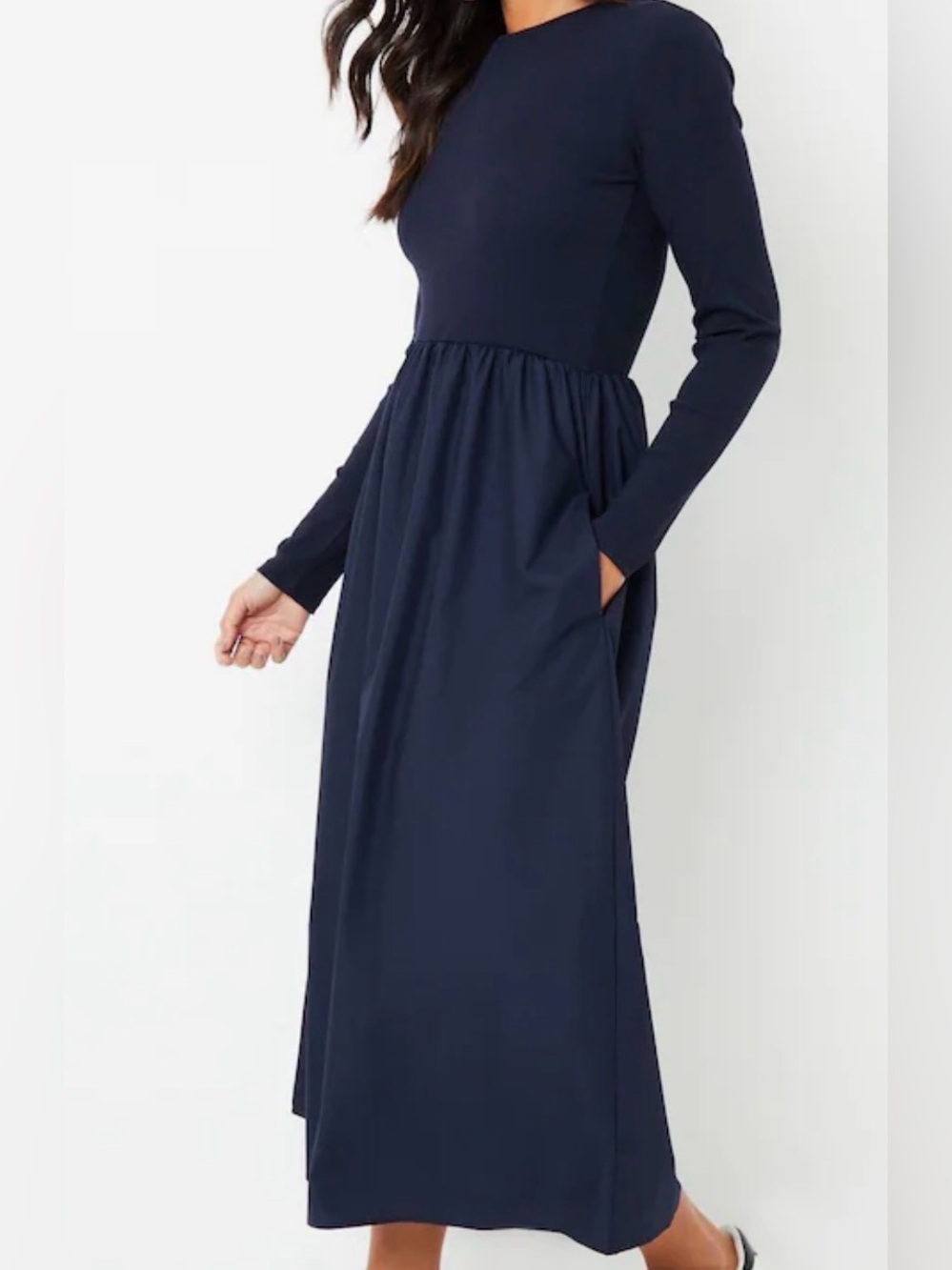 Blue Rib Jersey 2-In-1 Midi Dress with Poplin Skirt